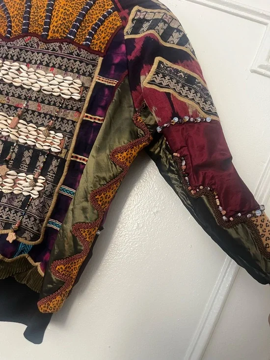 One of a kind. Patchwork Embellished Multicolor Bomber Jacket with Shell Accents - Picture 11 of 16